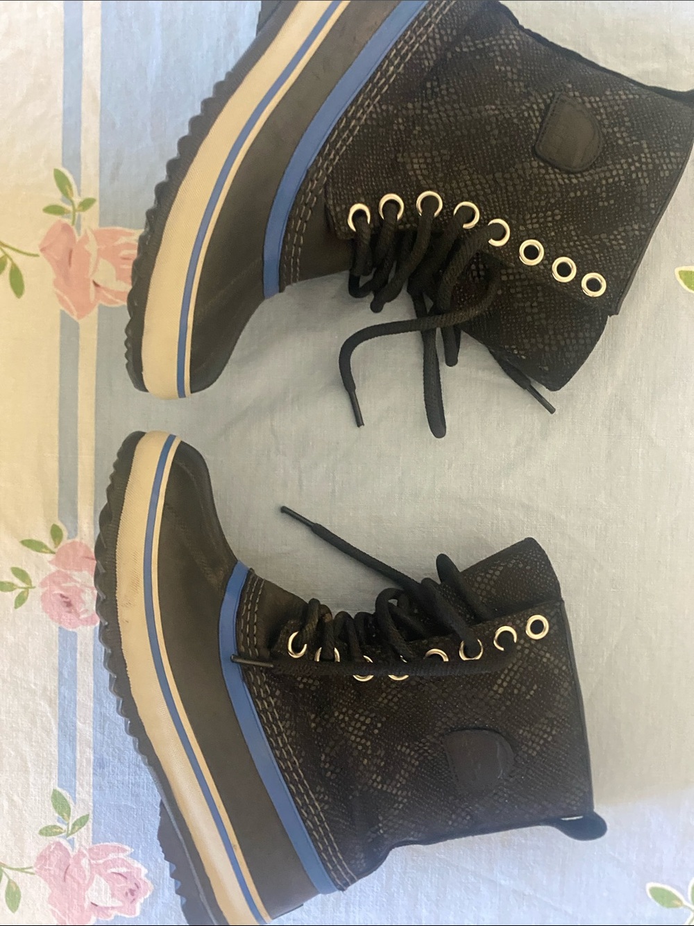 Sorel Black Lace-Up Platform Ankle Boots with Blue Stripe